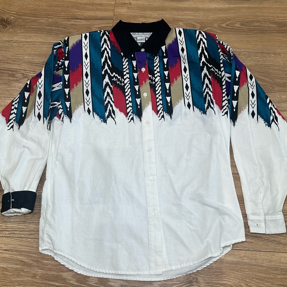 Vintage 90s Adobe Rose Western Aztec Flip Cuff Button Down Shirt Womens‎ Medium